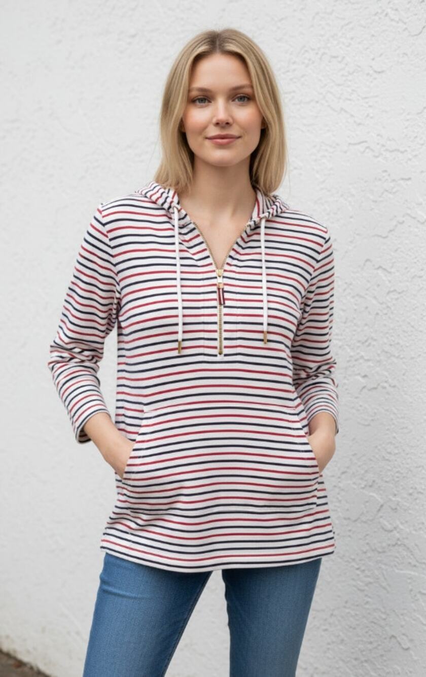 Tommy Hilfiger Cotton Striped 1/4 Zip Pullover Hoodie Red White Blue Wmms Large